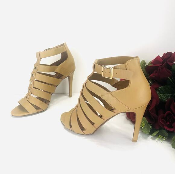 Aldo Strappy Stiletto Sandals/Booties Size 7.5 Tan Leather Open Toe High Heels - Picture 3 of 16